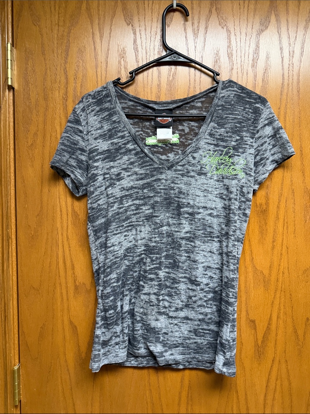 Harley-Davidson Women's Black & Gray Burnout V-Neck Tee with Lime Logo